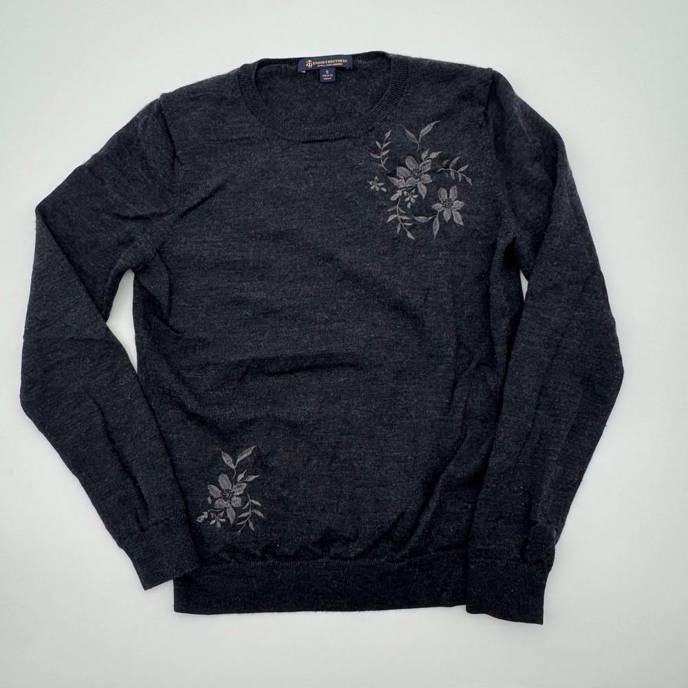 Brooks Brothers Extra Fine Merino Wool Floral Embroidered Sweater Gray Womens S